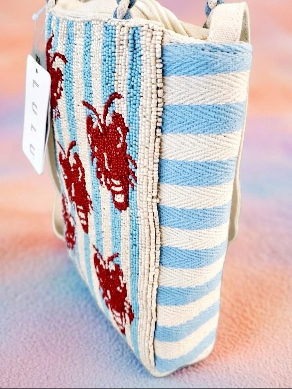 LULU Blue & White Beaded Crossbody Bag w/ Red Lobster. Beach, Nautical, Ocean - Picture 5 of 7